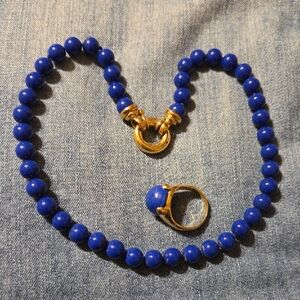 Gold and Royal Blue Bead Necklace with Matching Ring